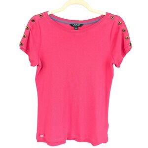 A3 Lauren Ralph Lauren‎ Pink Knit Top Bronze Button Detail - Size M